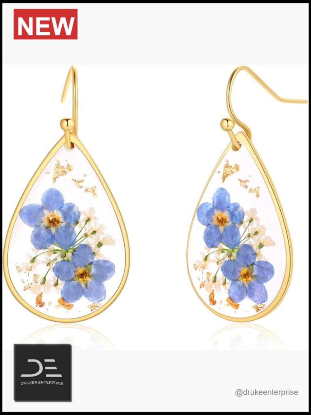 Pressed Wildflower Drop Earrings with Forget-Me-Nots - Handmade Resin Jewelry,
